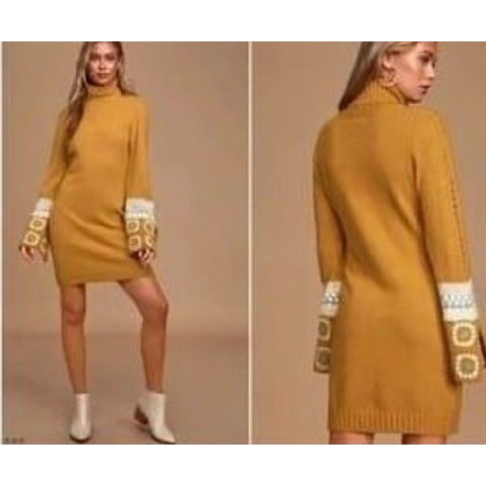 Lulus Mustard Yellow Turtleneck Crochet Sleeve Sweater Dress Mini Size S